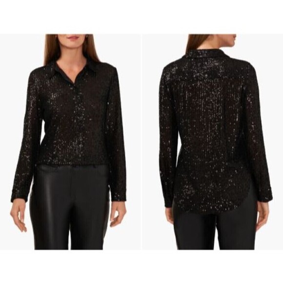Hyfyve Tops - Hyfve Womens S Black Metallic Glitter Long Puff Sleeve Fringe Top Holiday Glam